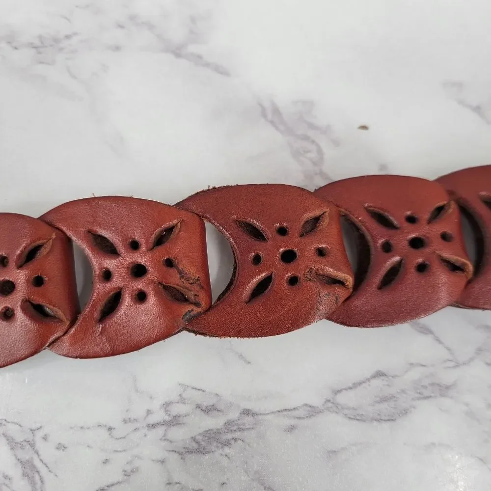 Brown Leather Interlock Tab Belt with Silver Toned Aztec Buckle